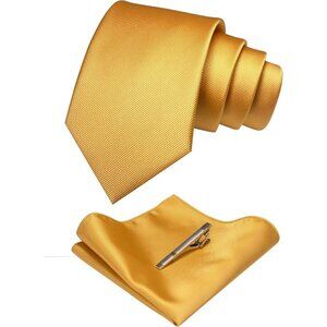 Men's Yellow Gold Colour Formal Necktie and Pocket Square Tie Clip Sets